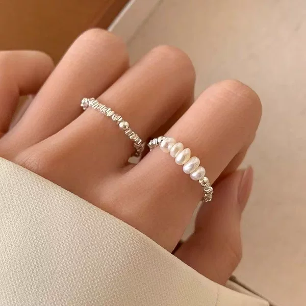 Broken Silver Pearl Fashion Ring Ins Niche Design Classy Index Finger Simple Ring Elastic Rope Stacking Women's Style