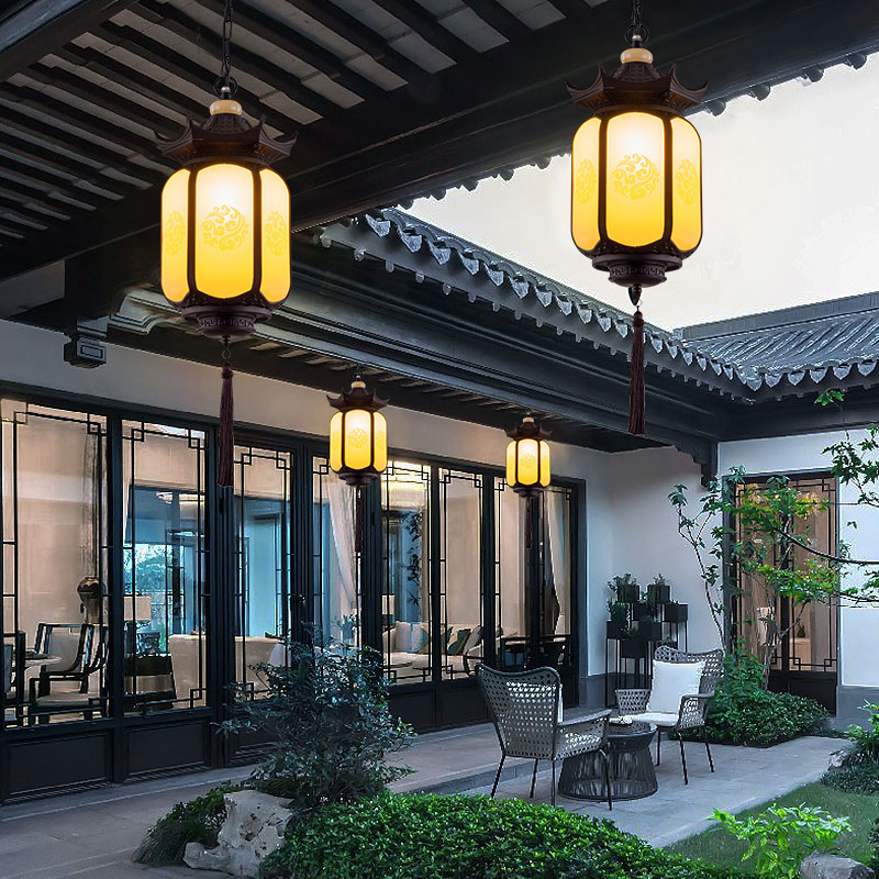 Outdoor Chandelier Waterproof New Chinese Style Courtyard Garden Corridor Outdoor Gate Auspicious Cloud Hexagonal Villa Lantern Chandelier