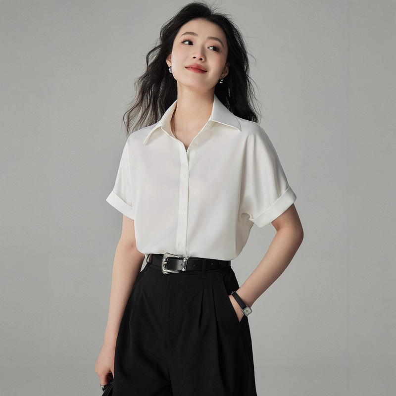 Yakojia White Satin Short-sleeved Shirt Women's Summer OL Professional Dress Commuting Draped Interview Shirt