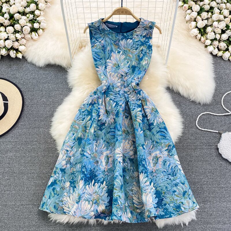 2022 Summer Retro Palace-Style Oil Painting Jacquard Round-Neck Sleeveless Waist-Slimming Mid-Length A-Line Dress 2022 Summer Retro Palace-Style Oil Painting Jacquard Round-Neck Sleeveless Waist-Slimming Mid-Length A-Line Dress