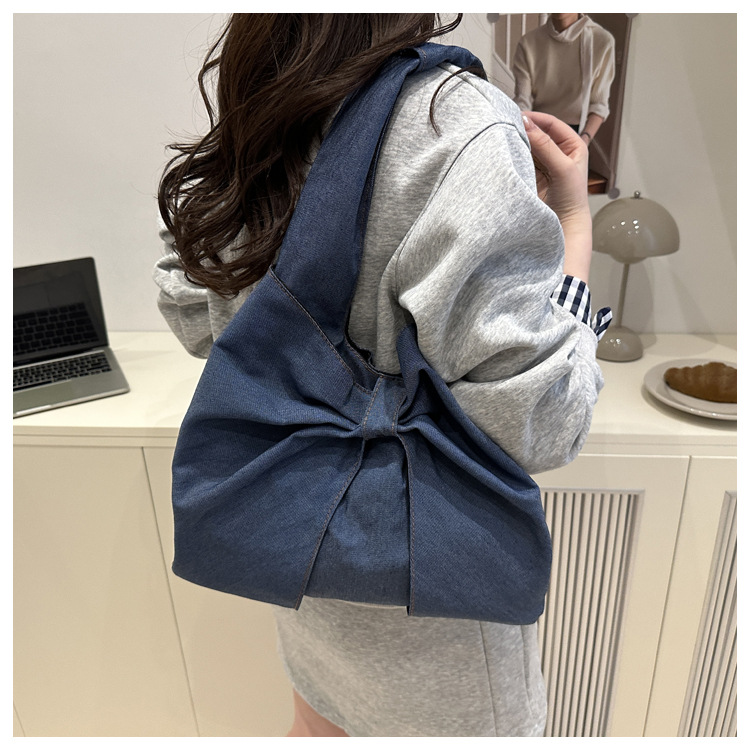 All Seasons Season Women's Large Denim Bow Knot Streetwear Sewing Thread Square Open Tote Bag