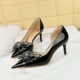 638-AH22 Banquet Women's Shoes Thin Heel High Heel Shallow Notch Pointed Patent Leather Side Hollow Rhinestone Bow Single Shoe