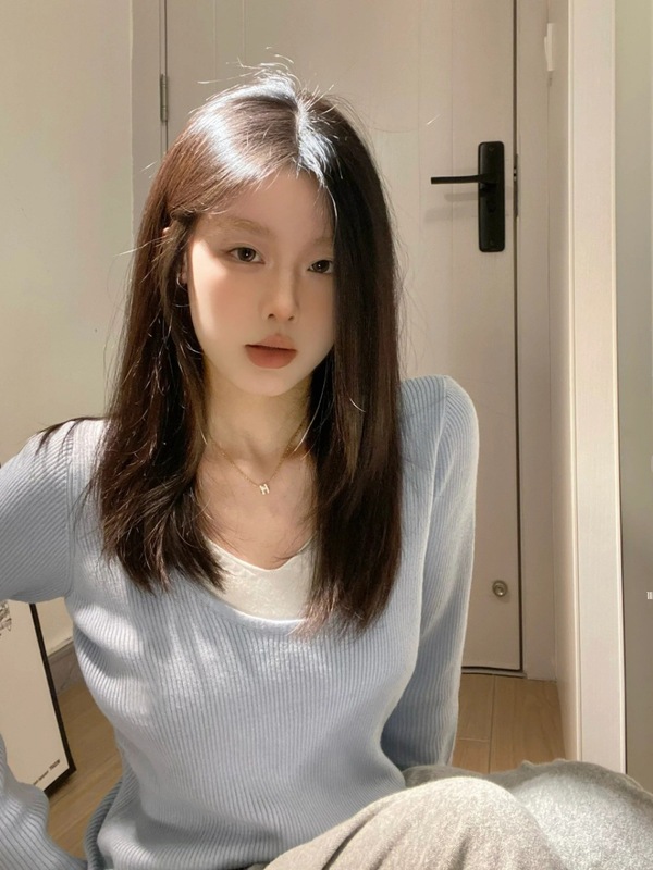 假两件蓝色v领长袖针织衫女秋冬春季薄款内搭打底衫毛衣针织上衣|undefined