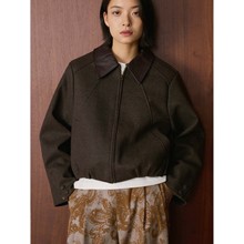 冬季新款韩版复古时髦PU拼接领短款毛呢夹克舒适休闲外套女