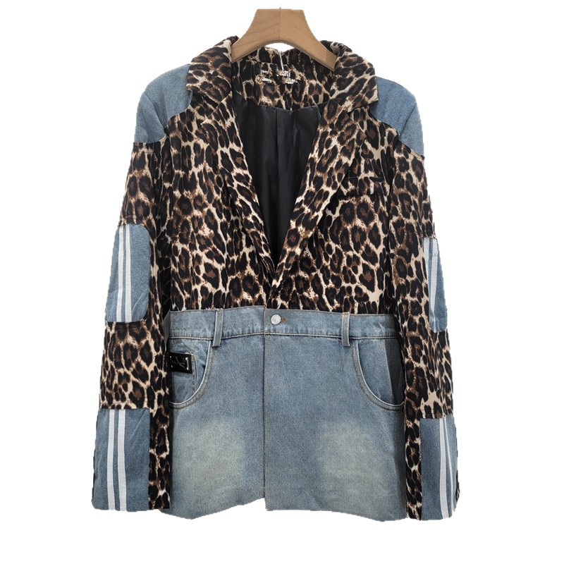 Saco Blazer con Estampado de Leopardo y Mezclilla de Poliéster Manga Larga para Otoño