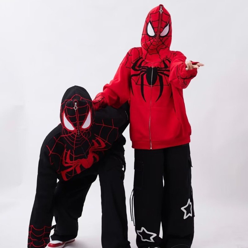2024 Cross-Border European and American Heavyweight Chinese Cotton Sweatshirts for Men and Women Couples Spider-Man Embroidered Sweatshirts Oversize Jackets