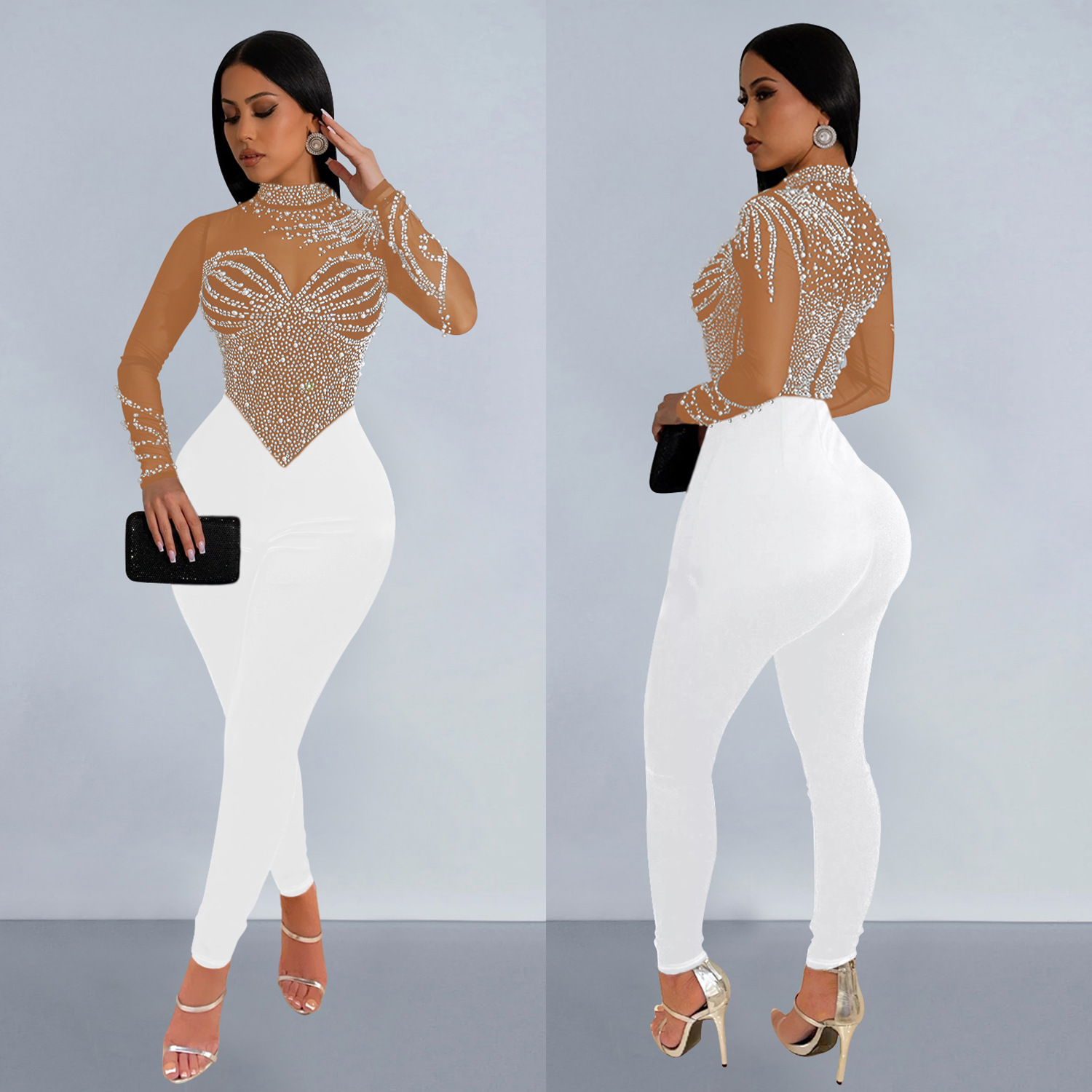 C6912 Cross-border AliExpress Amazon Pantalones de manga larga de diamantes calientes de malla de color sólido para mujer de moda europea y americana
