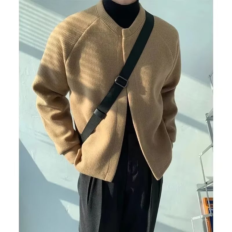 ファッション秋と冬の新しいニットジャカードメンズレトロラペル無地ツイストポロシャツプルオーバーセーター紳士服|undefined