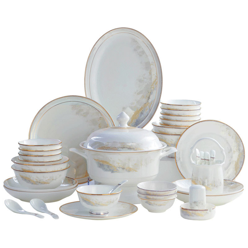 Conjunto de platos de porcelana de hueso casera, caja de regalo, lujo ligero, tazón de cerámica Jingdezhen, combinación de platos de alta calidad