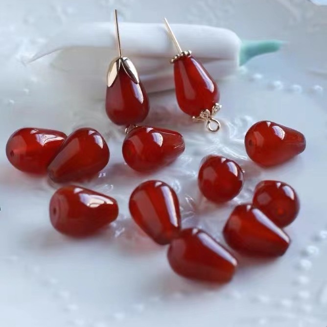Natural red agate water drop straight hole bead string red ancient style agate tassel DIY hairpin and jewelry pendant material pendant
