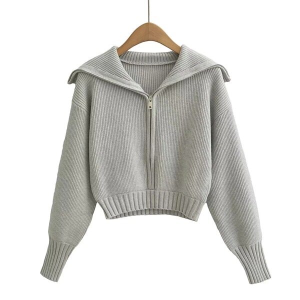 Retro solid color short knitted sweater with zipper