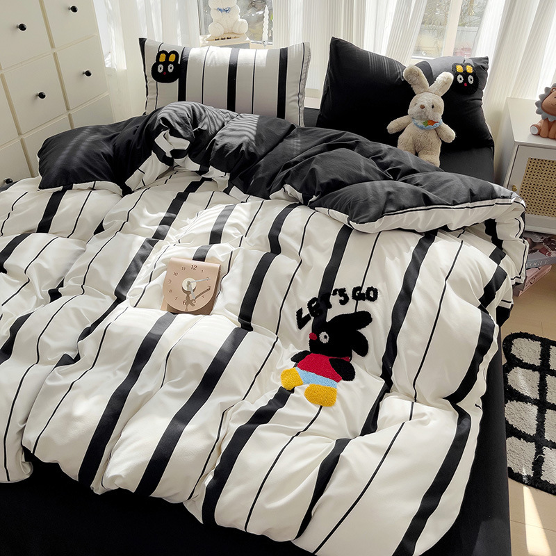 Minimalist Ins Style Black Striped Towel Embroidered Washed Cotton Four-Piece Bedding Set Dormitory Three-Piece Set 1.8 Fitted Sheet