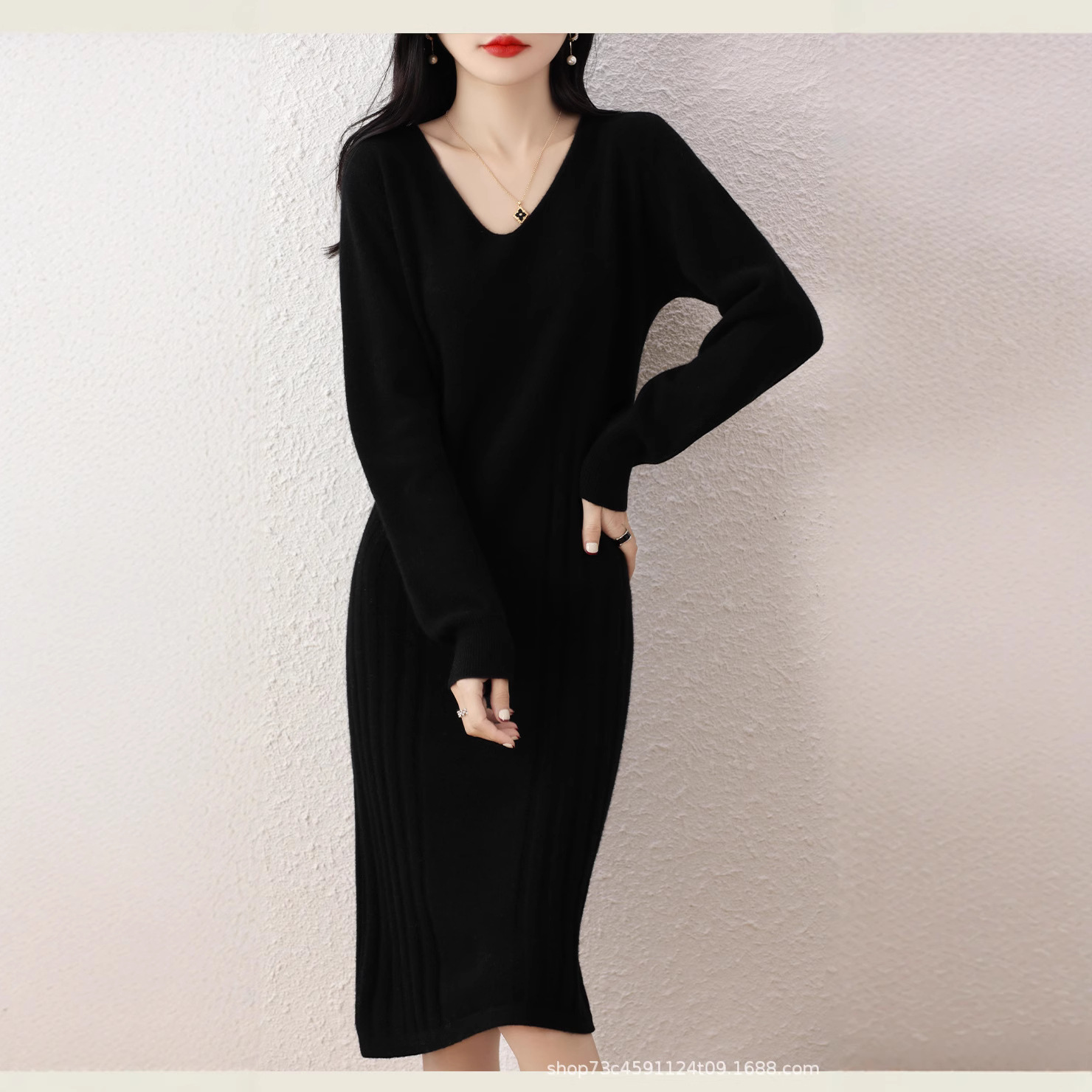 V-NECK 100 퓨어 울 원피스 여성용 슬림 핏 니트 원피스 오버 더니 롱 원피스 엑스트라 롱 힙 바디 콘 스웨터 원피스