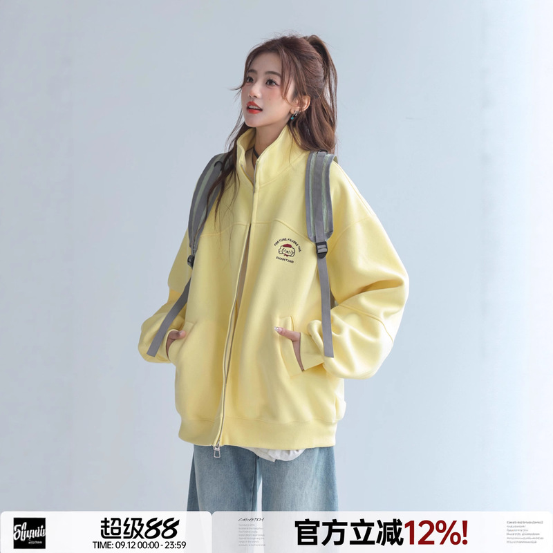 「Chant2Nd」Cute Puppy Embroidered Sweatshirt Jacket for Women Korean Style Lazy Style Loose Cardigan Jacket