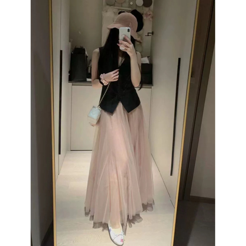 新しい夏ピンクガーゼスカートハイウエストニッチミッドレングスメッシュスカート女性のためのスーパーフェアリーアンブレラスカートドレープ送料無料|undefined