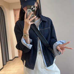 品质拼接格纹小个子短款天丝翻领牛仔衬衫外套女2025早秋