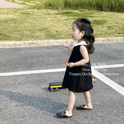 Classic Little Black Dress Girls Dress Summer New Korean Style Sleeveless Baby Doll Collar Tank Top Princess Dress Trendy