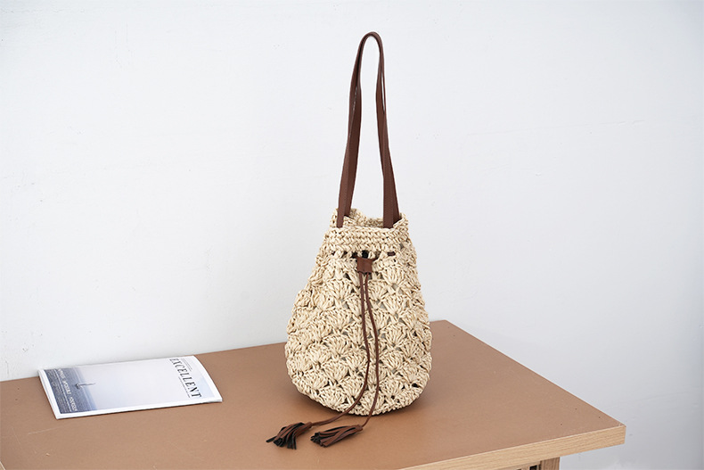 Women's Gender Women's Straw Color Block Vacation Beach Weave Bucket String Straw Bag