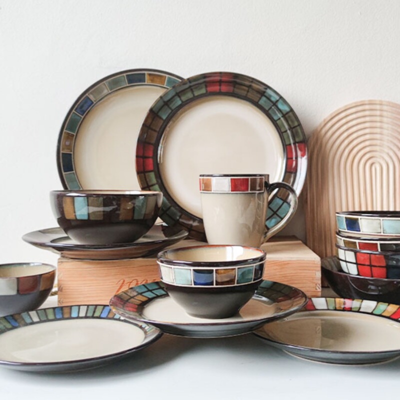 Grid Series Retro-Style Dishes, Soup Plates, Deep Plates, Noodle Bowls, Soup Bowls, Beautiful Dinnerware Set with Minor Imperfections Grid Series Retro-Style Dishes, Soup Plates, Deep Plates, Noodle Bowls, Soup Bowls, Beautiful Dinnerware Set with Minor Imperfections