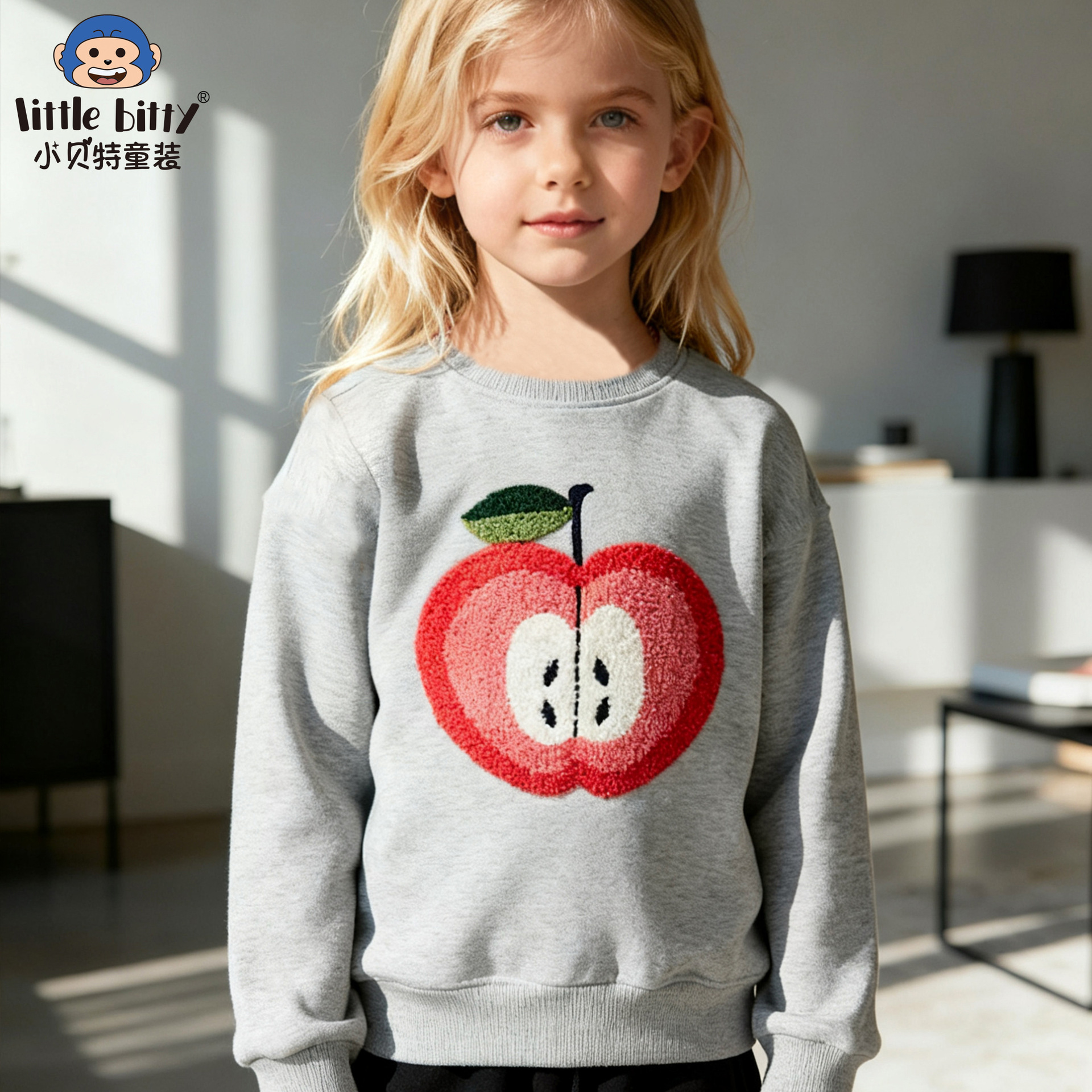 Cross-border European and American children's autumn and winter long-sleeved sweatshirts with cartoon apple terry cloth and embroidered patterns are available for wholesale.