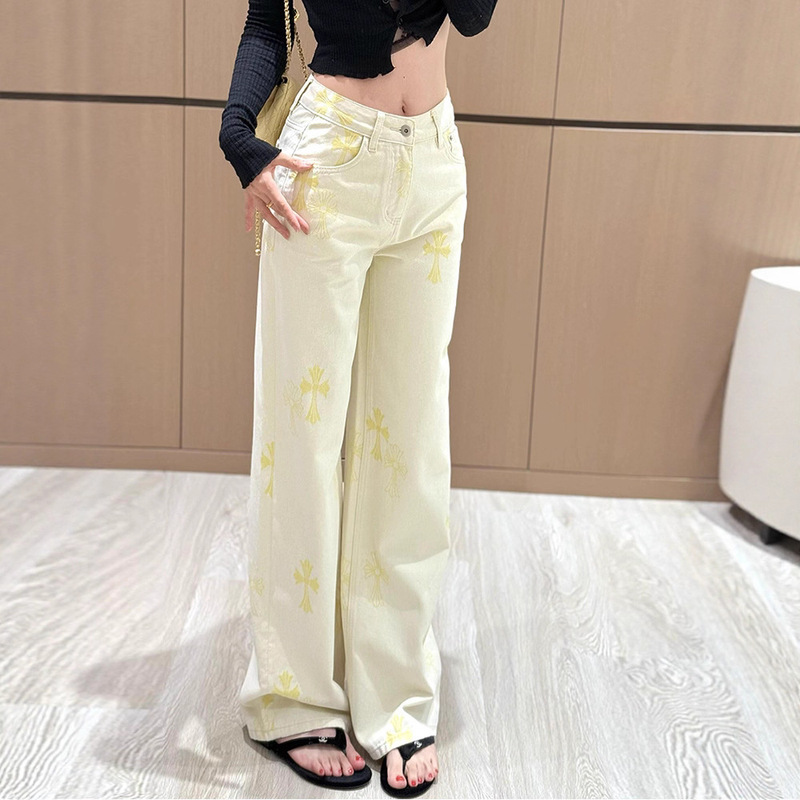 美式十字架提花刺绣高腰直筒牛仔裤女2025新款高级感窄版阔腿长裤|undefined