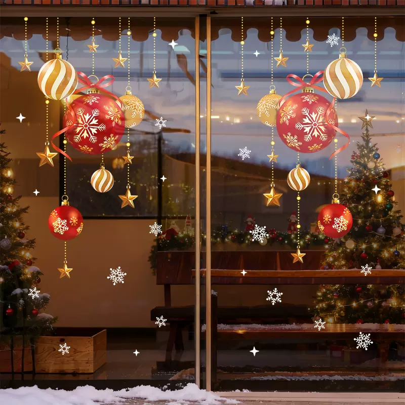 跨境圣诞节静电贴装饰品玻璃窗贴橱窗装扮红色圣诞球商场氛围贴纸
