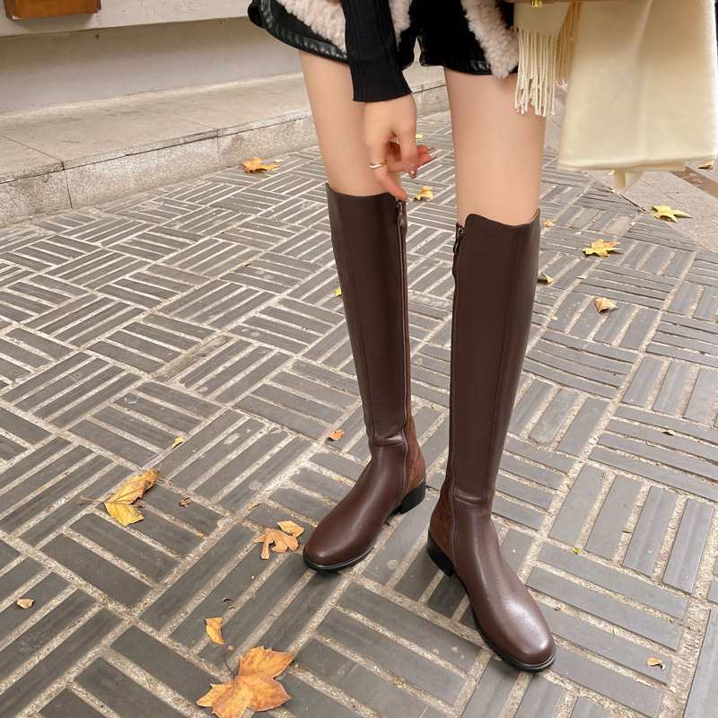 2023 autumn and winter New elastic boots cowhide suede stitching knee-high boots thick heel mid heel mesh red style high boots for women