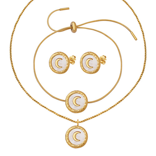 French fashion titanium steel jewelry set white shell moon necklace crescent earrings for women taking a shower without taking off the pull-out bracelet