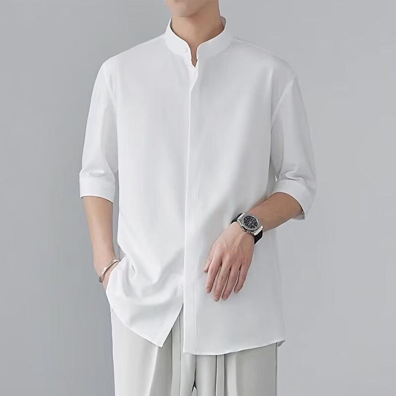 New Chinese Style Collar Men's Shirt Short-sleeved Summer Ice Silk Puppy Handsome High-end Men's Seven-sleeved Collarless Shirt