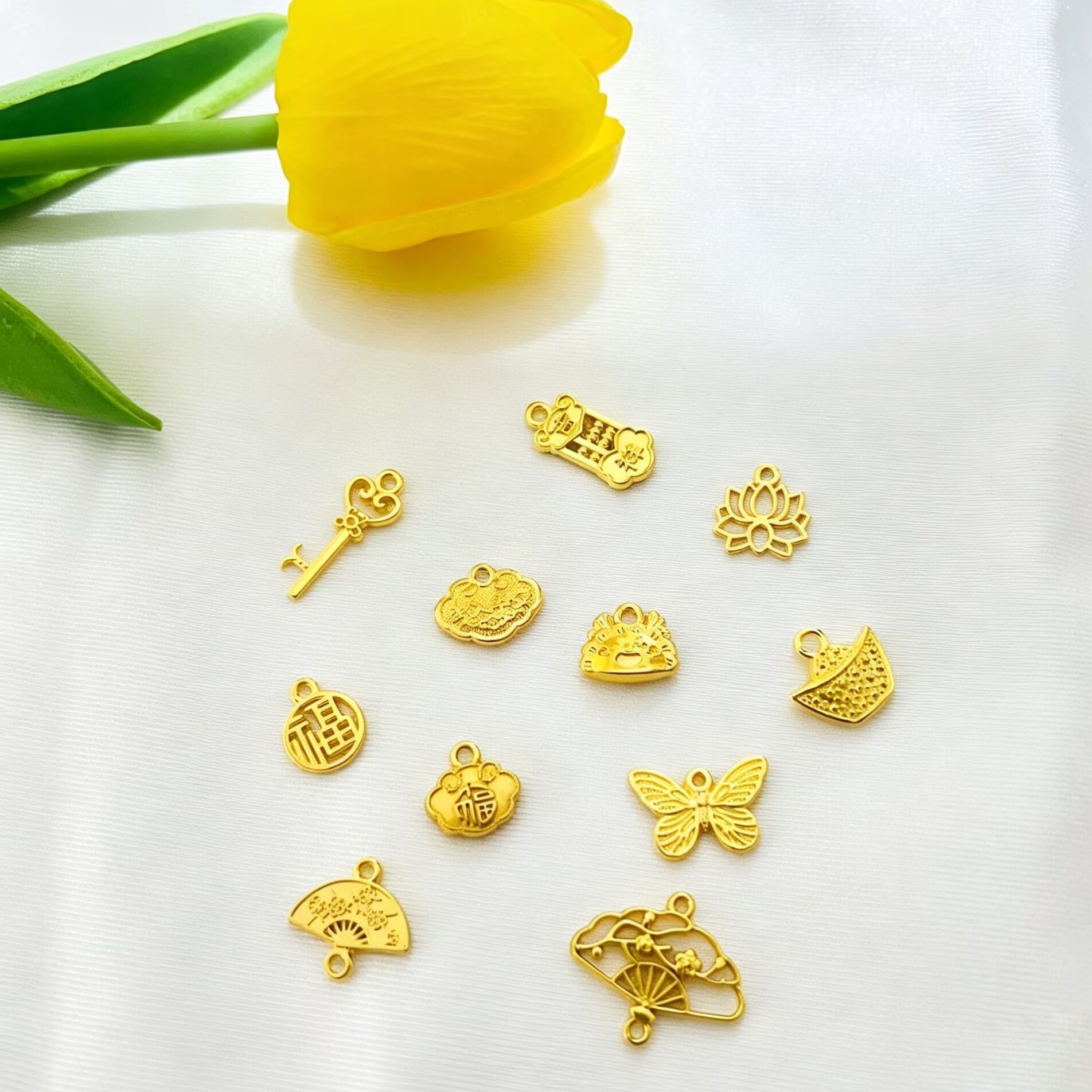 Chinese-style ancient gold pendants, heart, key, butterfly, fan, wish lock, fortune charm, bracelet accessories, DIY jewelry components