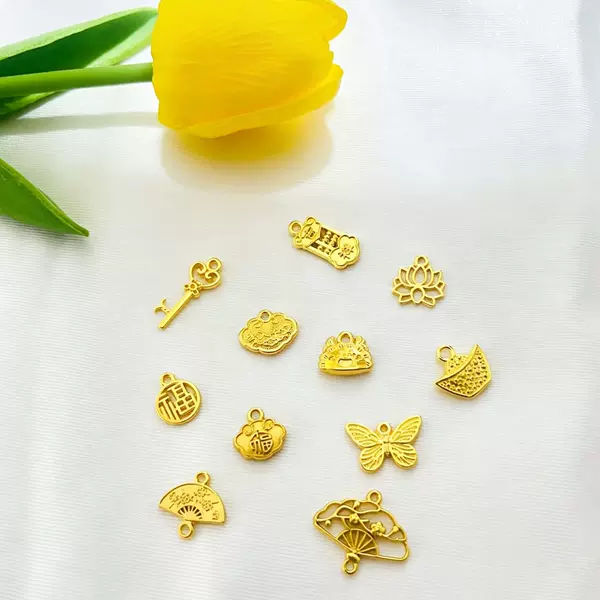Chinese-style ancient gold pendants, heart, key, butterfly, fan, wish lock, fortune charm, bracelet accessories, DIY jewelry components