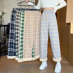 ワイドレギンスのズボンの秋冬の女性の金は羊の小毛の格子縞のズボンの女性の高腰のまっすぐな筒のズボンの女性のペンダント感のズボンをプラスします。