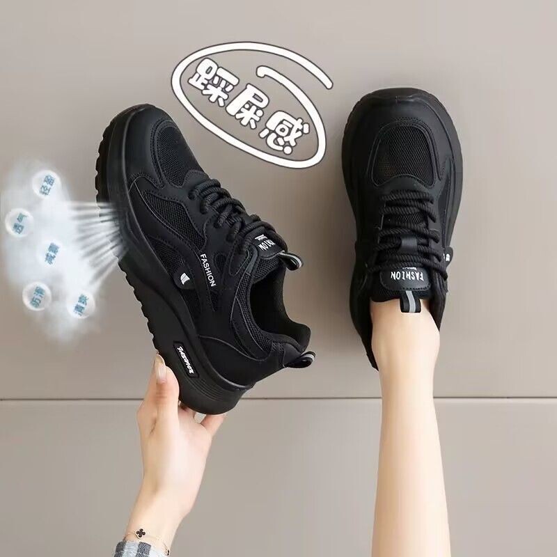 Women's Spring and Summer Mesh Breathable Ultra-Light Non-Tiring Work Shoes Non-Slip Sports Shoes with Soft-Soled Black Dad Shoes
