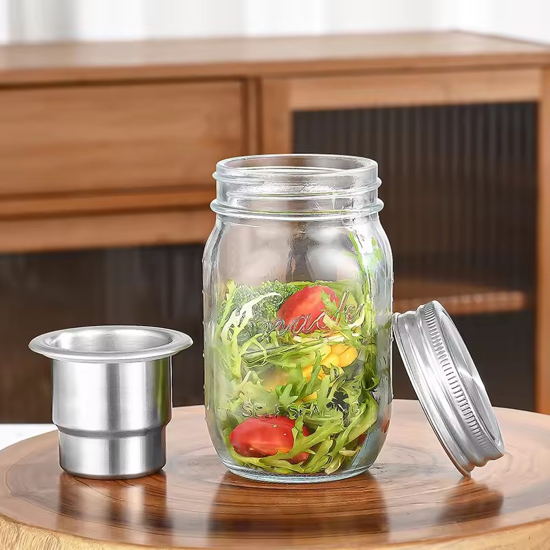 批发450ml双层早餐沙拉梅森罐玻璃瓶密封独立酱料分装带碗便携