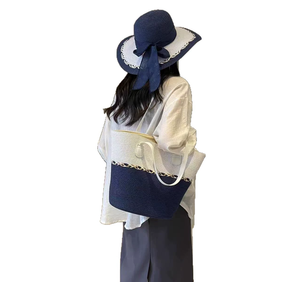 Summer straw hat, bag, universal set with bow, sun protection