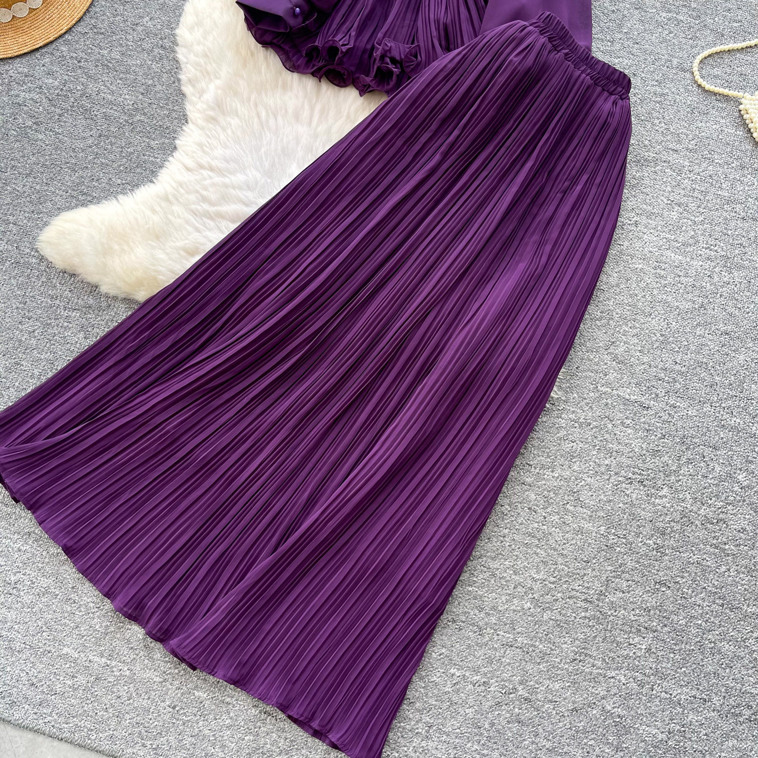 French Office Style Purple Lantern Sleeve Belted Ruffle Midi Dress For Women | Autumn Elegant Two-Piece Set_ecoleips.com