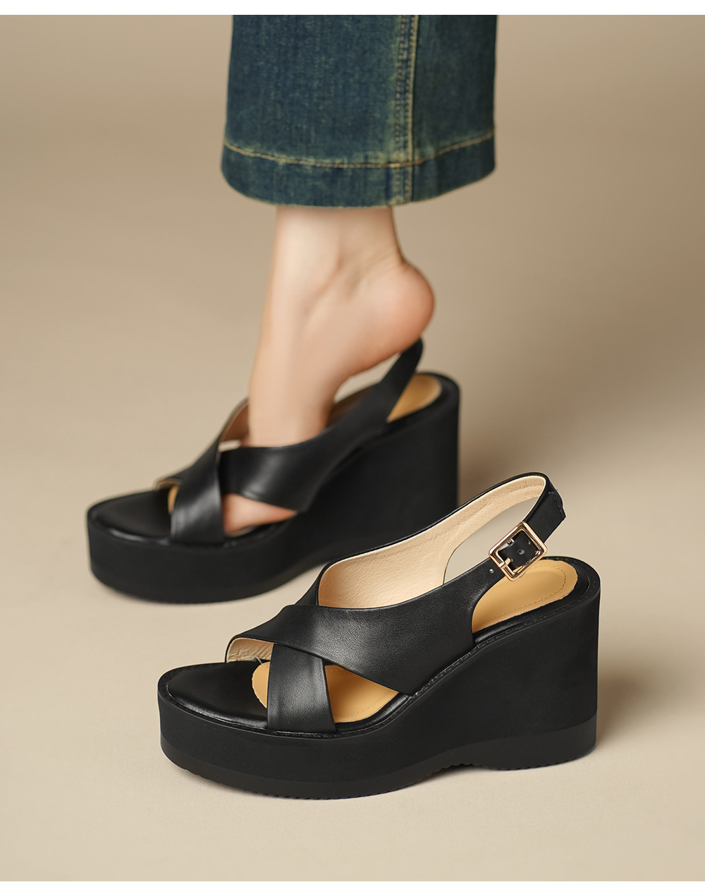 Sandal cao gót nữ hở mũi quai ngang đế xuồng gót 9 cm — đen chi tiết 6