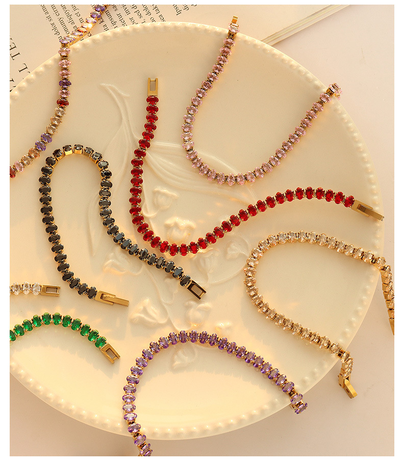 Fashion Retro Titanium Steel 18K Bracelet Necklace Geometric Color Zircon Ornament Set