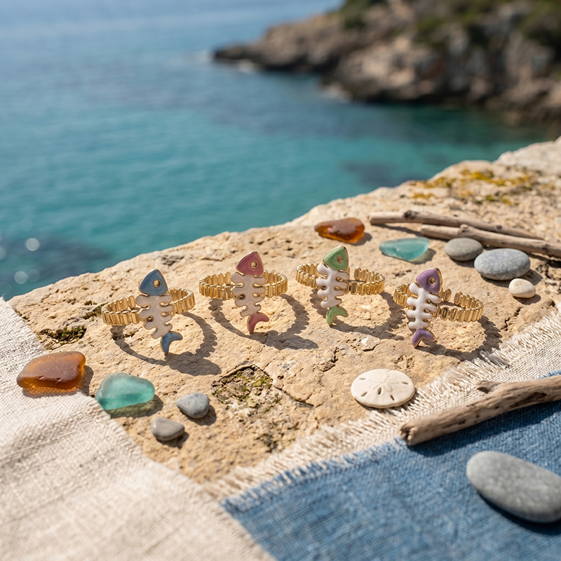 Alta Europa y América serie de mar transfronterizo de acero inoxidable goteo de aceite esqueleto hueso anillo de pez nicho de alta sensación joyería mujer
