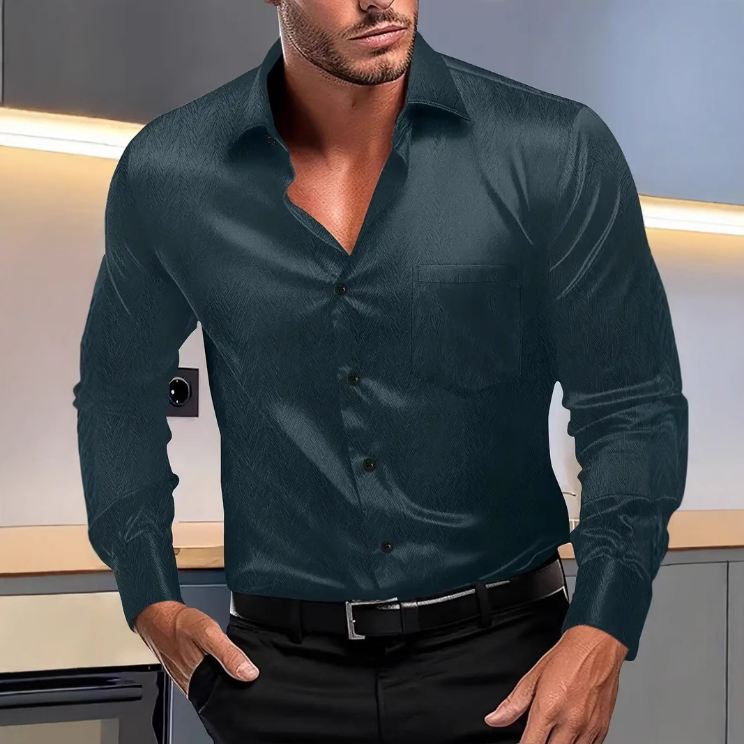 Monochrome Man- Cross-Border European American Spring And Autumn New Men's Casual Solid Color Silky Turn-Down Collar Long Sleeve_voghion.com