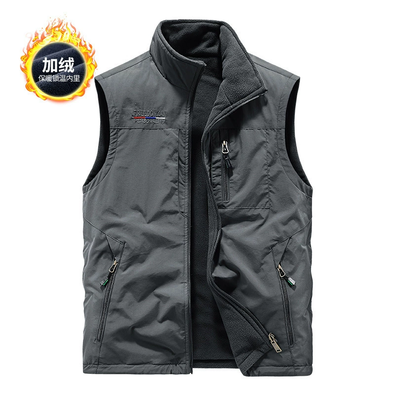 Осенне-зимний утолщенный мужской жилет для занятий спортом на открытом воздухе среднего и пожилого возраста на флисовой подкладке, Быстросохнущий двусторонний жилет с несколькими карманами, теплый трансграничный жилет