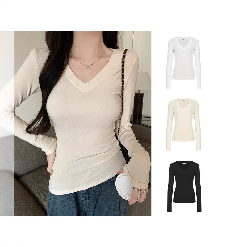 Right-Shoulder V-Neck T-Shirt, Slimming Waist-Cinching Long-Sleeve Top in Apricot, White, Black, and Dark Gray Right-Shoulder V-Neck T-Shirt, Slimming Waist-Cinching Long-Sleeve Top in Apricot, White, Black, and Dark Gray