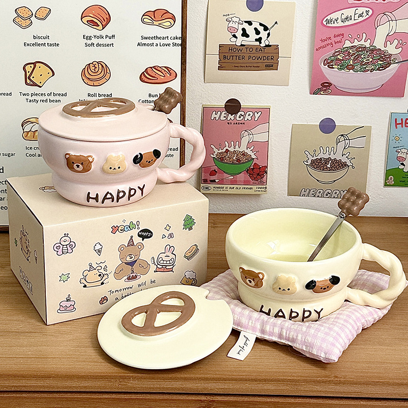 Taza de cerámica Taza de agua para el hogar Taza con tapa Cuchara Regalo de cumpleaños creativo Taza de desayuno femenino Regalo de mano de gran capacidad