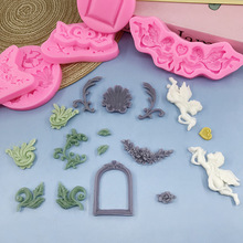 跨境批发欧式浮雕图腾花纹藤曼巧克力翻糖蛋糕模具天使相框模diy