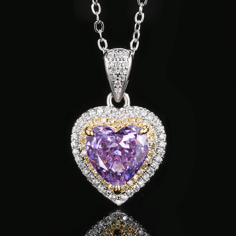 Otoño e invierno nuevo estilo Zhuang Shengsheng joyería con alto contenido de carbono diamante flor de hielo corte diamante púrpura cobre con incrustaciones de corazón juego 10*10-6*6