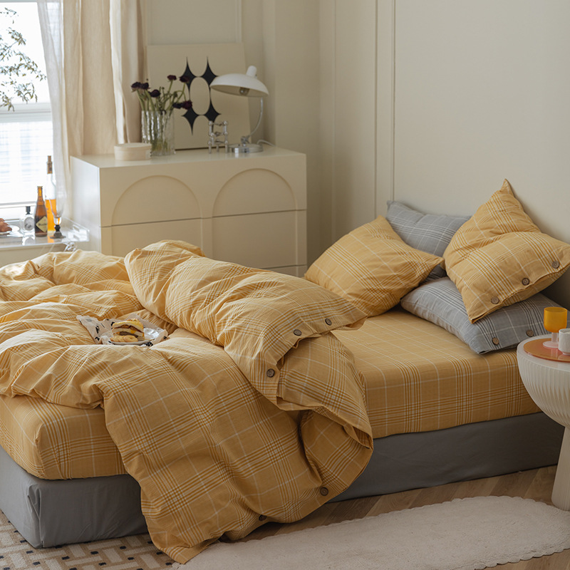 亚马逊北欧复古A类全棉色织水洗棉四件套纯棉纽扣款被套床单批发