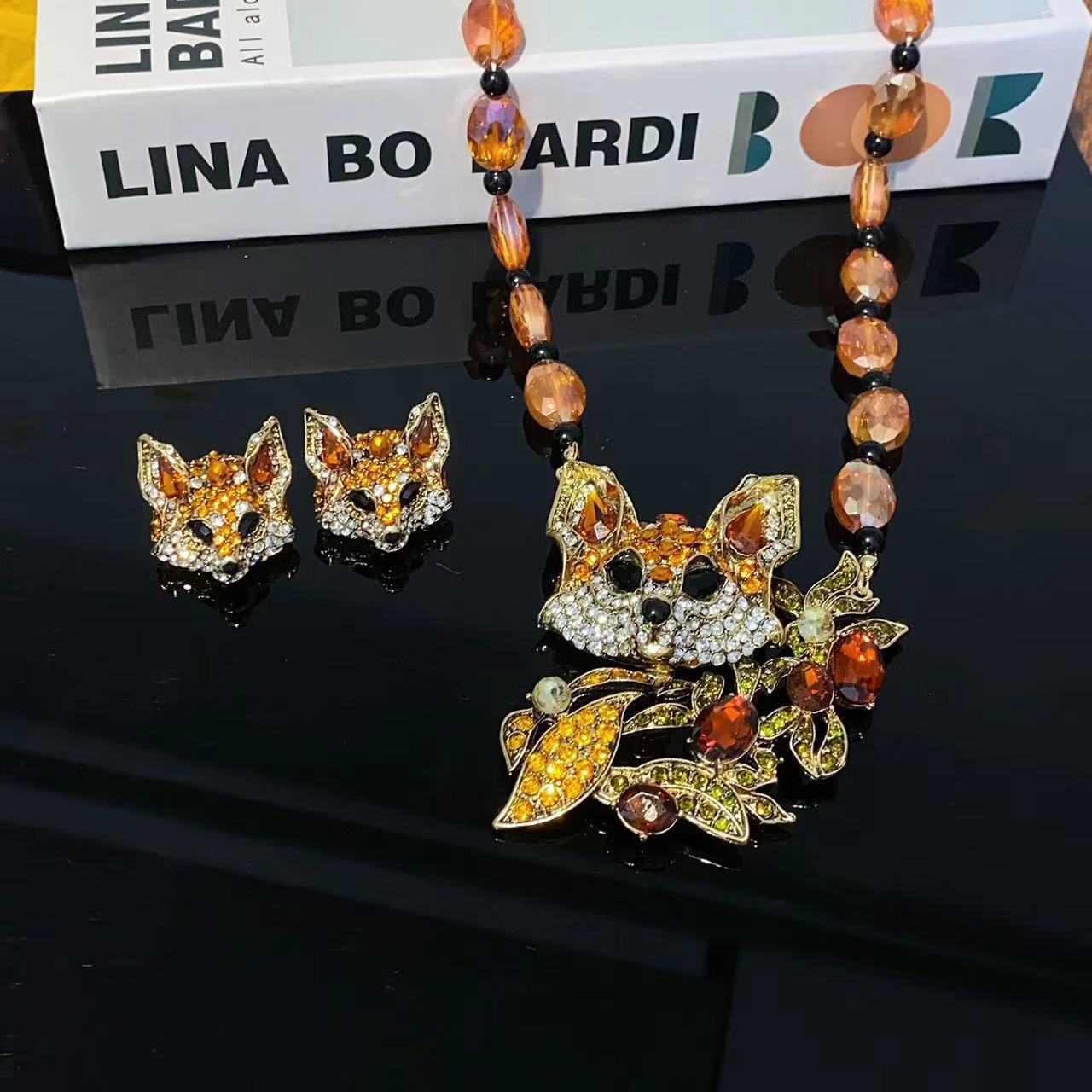復古琉璃滿鑽小狐狸項鍊套裝西洋古董風HD中古宮廷vintage耳釘潮~