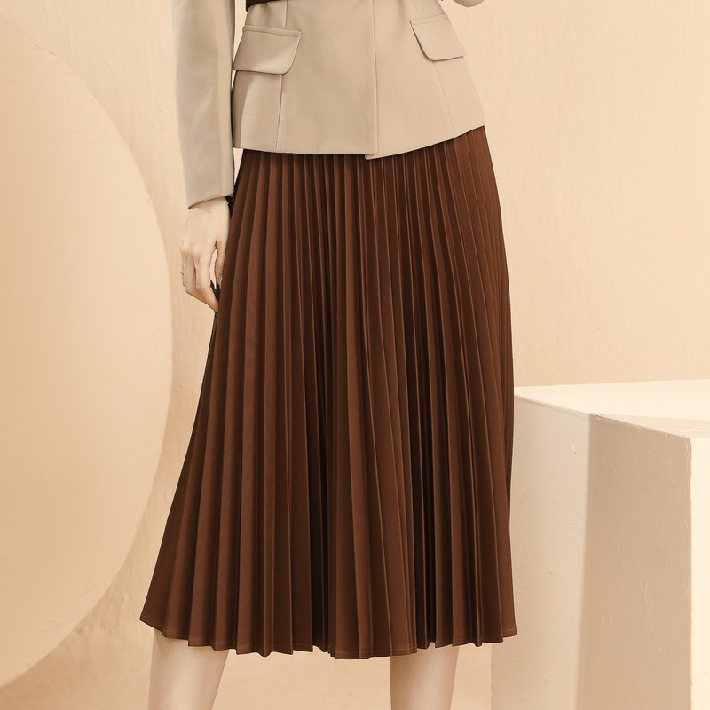 Baizi Korean Edition Versatile High Waist Slim Midi Group Skirt Fall 2022 New Solid Color Pleated Skirt