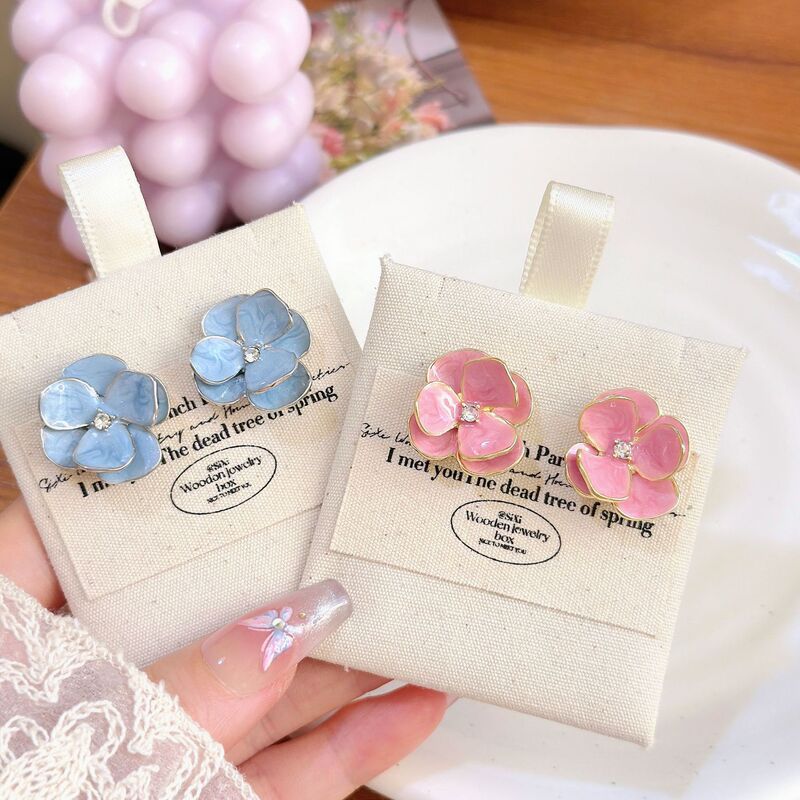 925 Silver Needle Premium French Pink Drop Glaze Flower Ear Stud Elegant Fashion Blue Earrings Women's Earrings Ear Clip 925 Silver Needle Premium French Pink Drop Glaze Flower Ear Stud Elegant Fashion Blue Earrings Women's Earrings Ear Clip