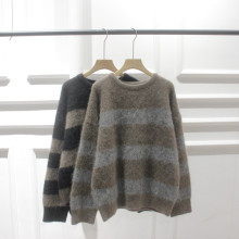 韩国订单冬装新款圆领高比例马海毛绒绒条纹针织衫毛衣套头衫加厚